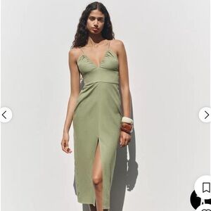Zara - Olive Green/Sage Linen Midi Dress - XS